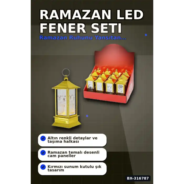 Ramazan LED Işık Kare Kubbe Tasarımlı Pilli Dekoratif Aydınlatma 12 Adet Gold BX-316787
