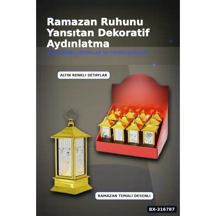 Ramazan LED Işık Kare Kubbe Tasarımlı Pilli Dekoratif Aydınlatma 12 Adet Gold BX-316787