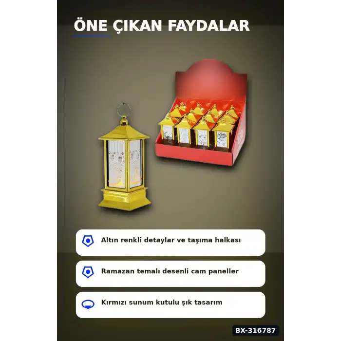 Ramazan LED Işık Kare Kubbe Tasarımlı Pilli Dekoratif Aydınlatma 12 Adet Gold BX-316787