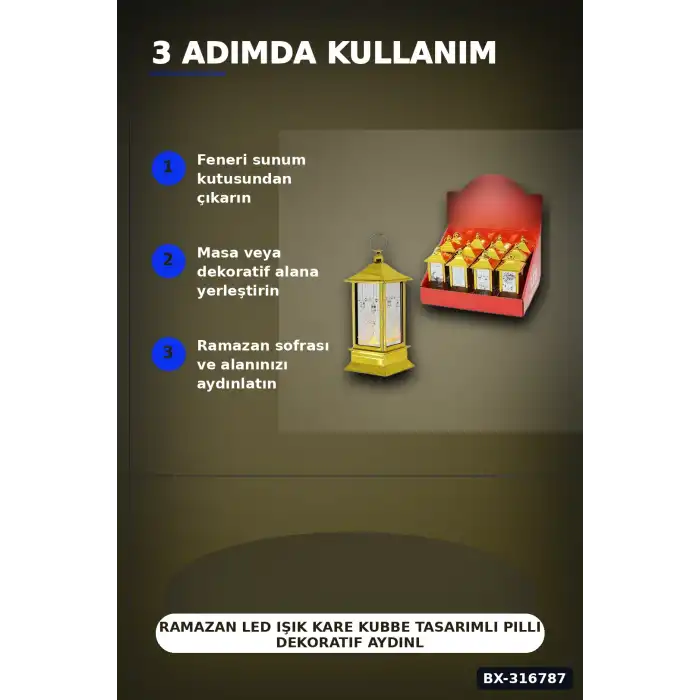 Ramazan LED Işık Kare Kubbe Tasarımlı Pilli Dekoratif Aydınlatma 12 Adet Gold BX-316787