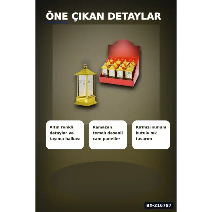 Ramazan LED Işık Kare Kubbe Tasarımlı Pilli Dekoratif Aydınlatma 12 Adet Gold BX-316787