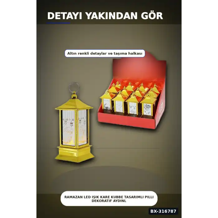 Ramazan LED Işık Kare Kubbe Tasarımlı Pilli Dekoratif Aydınlatma 12 Adet Gold BX-316787