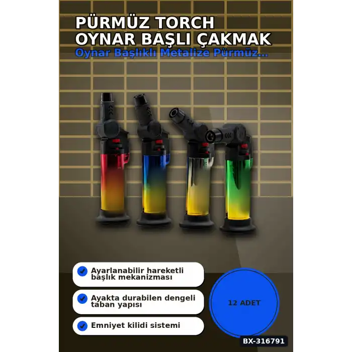 Pürmüz Torch Çakmak Metalize Oynar Başlıklı Ayakta Durabilen 12 cm 12 Adet BX-316791