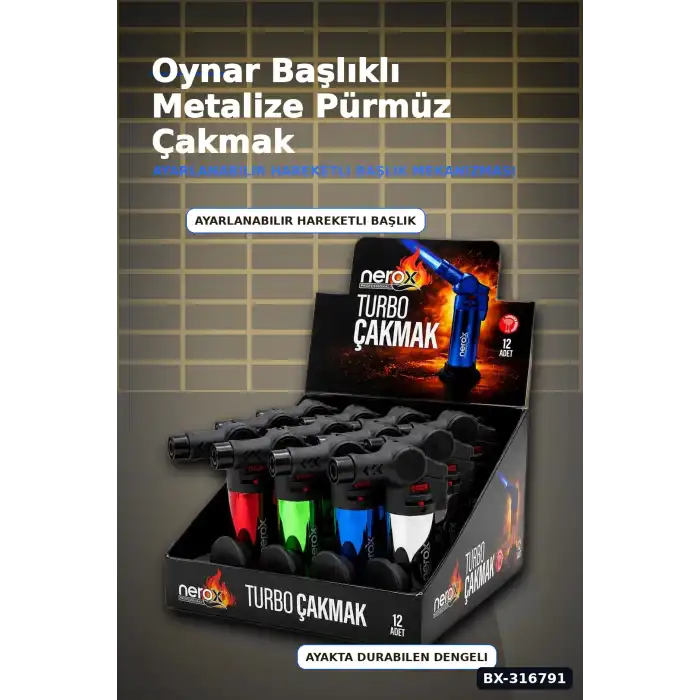Pürmüz Torch Çakmak Metalize Oynar Başlıklı Ayakta Durabilen 12 cm 12 Adet BX-316791