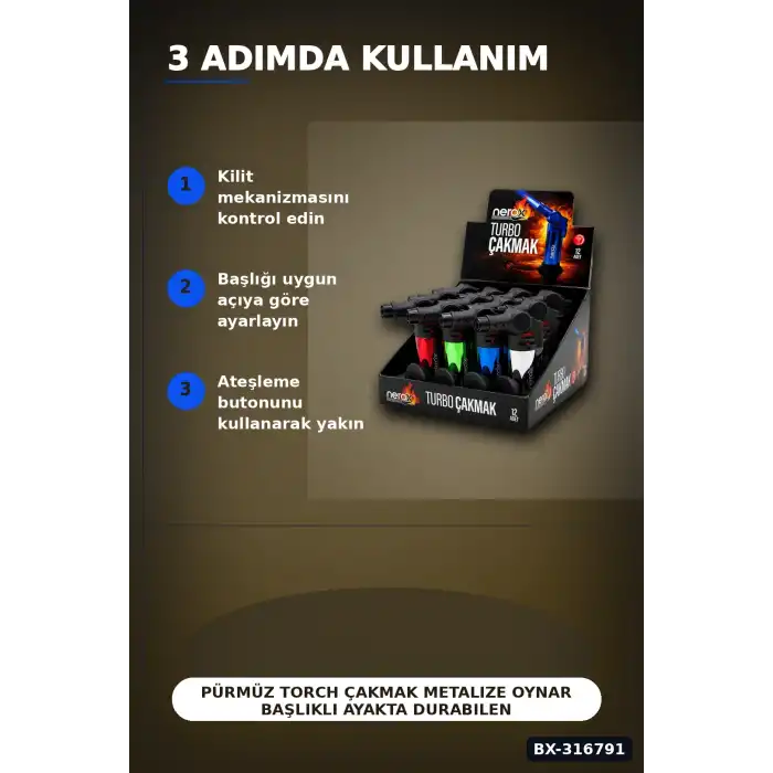 Pürmüz Torch Çakmak Metalize Oynar Başlıklı Ayakta Durabilen 12 cm 12 Adet BX-316791