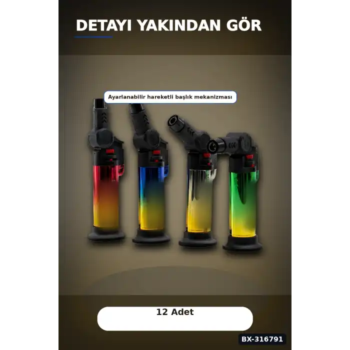 Pürmüz Torch Çakmak Metalize Oynar Başlıklı Ayakta Durabilen 12 cm 12 Adet BX-316791