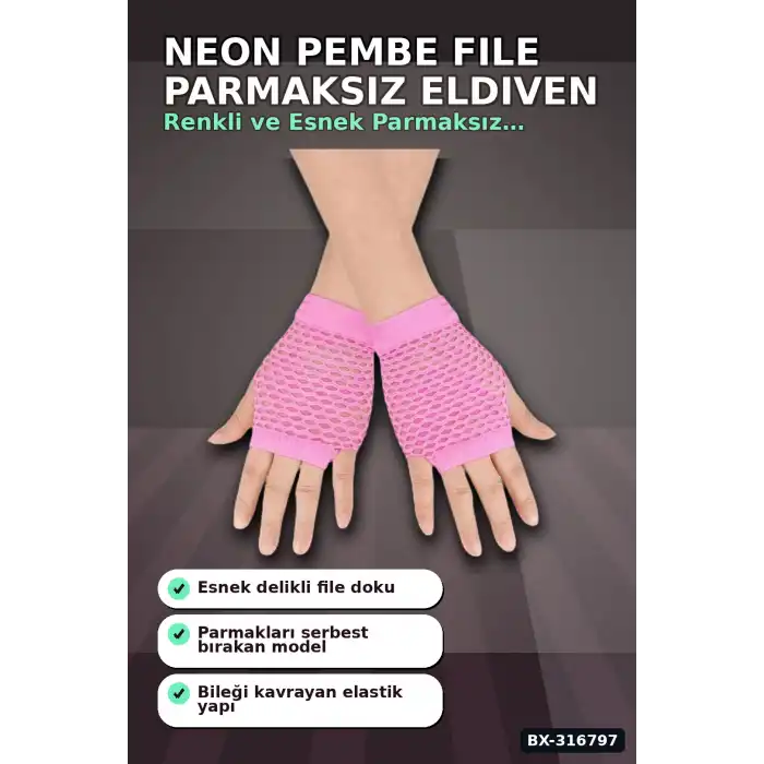 Neon Pembe File Parmaksız Eldiven 11 cm - 80ler 90lar Parti Kostüm Aksesuarı BX-316797