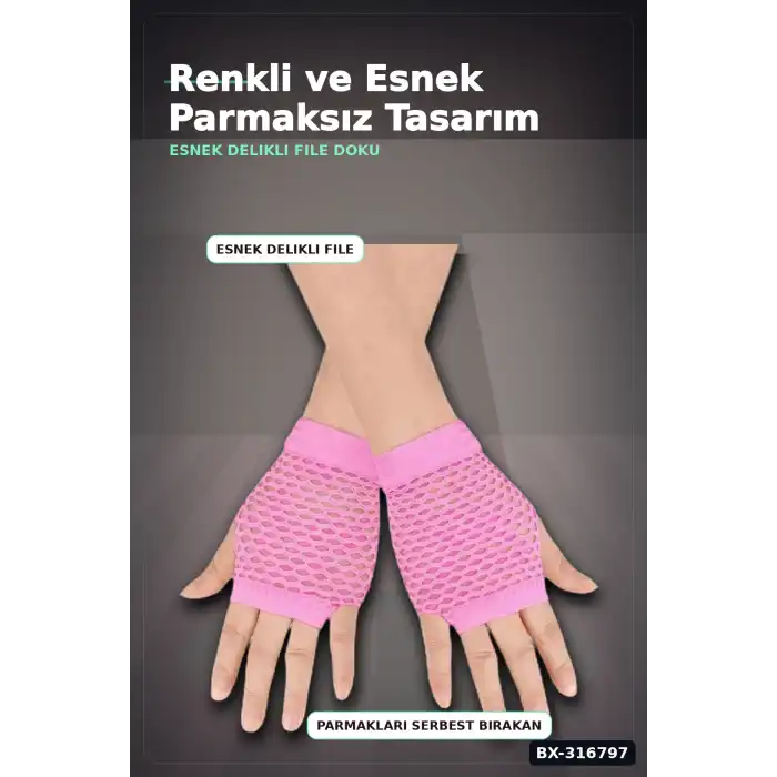 Neon Pembe File Parmaksız Eldiven 11 cm - 80ler 90lar Parti Kostüm Aksesuarı BX-316797