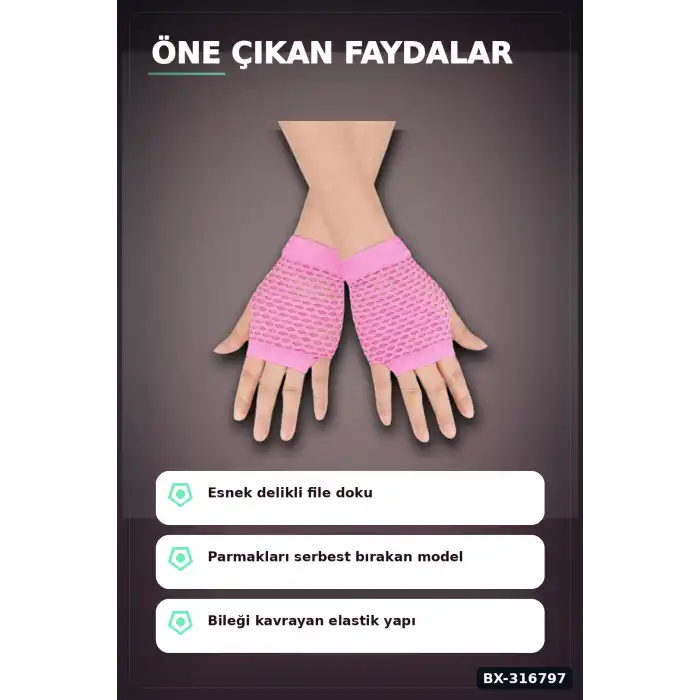 Neon Pembe File Parmaksız Eldiven 11 cm - 80ler 90lar Parti Kostüm Aksesuarı BX-316797