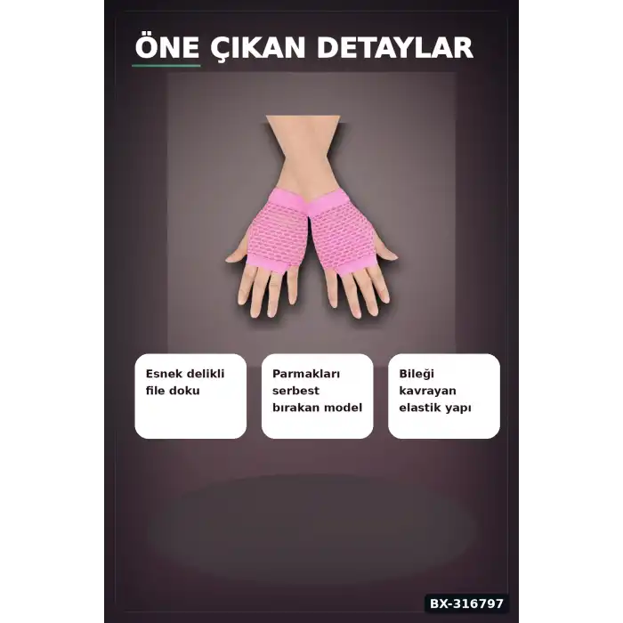 Neon Pembe File Parmaksız Eldiven 11 cm - 80ler 90lar Parti Kostüm Aksesuarı BX-316797