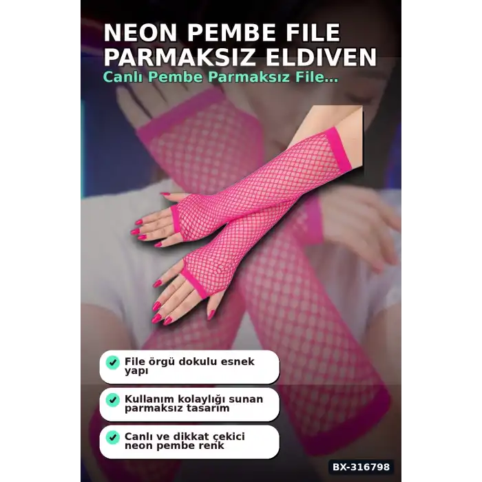 File Parmaksız Eldiven Neon Pembe 26 Cm - Retro 80ler Disco Kostüm Aksesuarı BX-316798