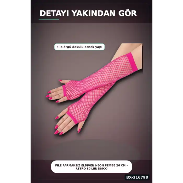 File Parmaksız Eldiven Neon Pembe 26 Cm - Retro 80ler Disco Kostüm Aksesuarı BX-316798