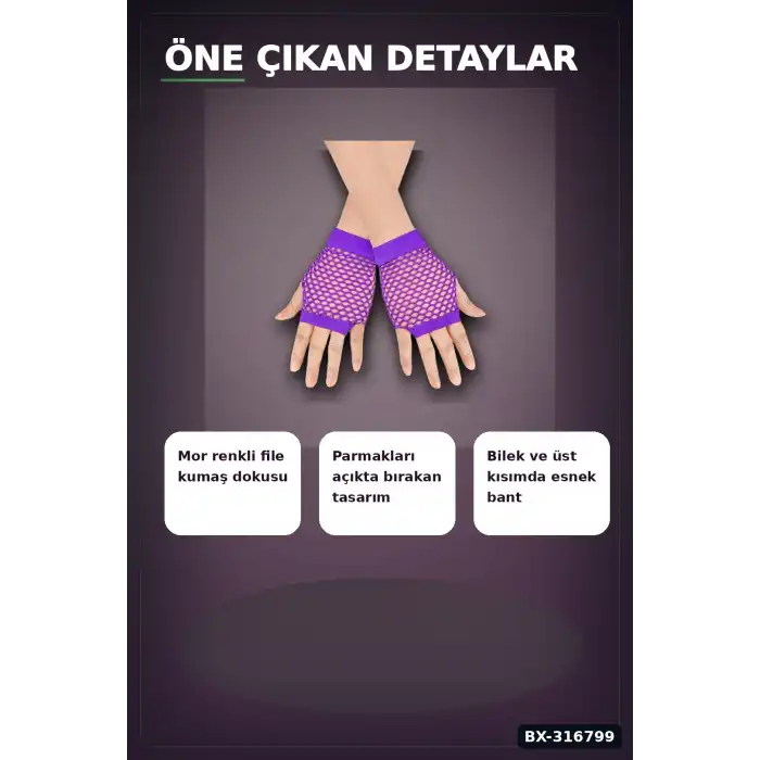 File Parmaksız Eldiven Mor 11 cm - Retro Parti Dans Ve Kostüm Aksesuarı BX-316799