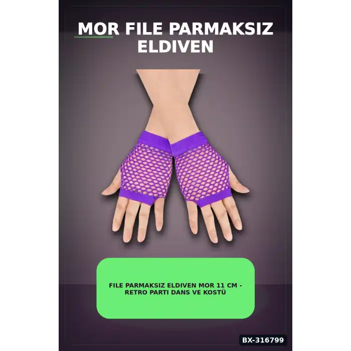 File Parmaksız Eldiven Mor 11 cm - Retro Parti Dans Ve Kostüm Aksesuarı BX-316799