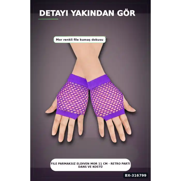 File Parmaksız Eldiven Mor 11 cm - Retro Parti Dans Ve Kostüm Aksesuarı BX-316799