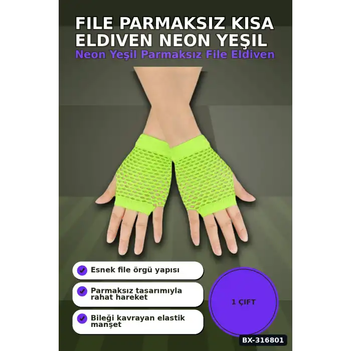 File Parmaksız Kısa Eldiven Neon Yeşil 11 cm - Retro Parti Kostüm Aksesuarı BX-316801