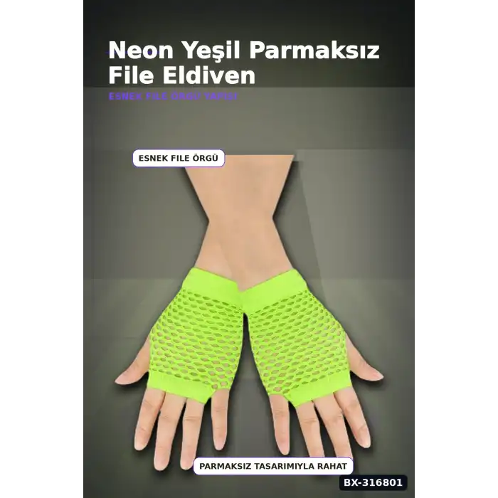 File Parmaksız Kısa Eldiven Neon Yeşil 11 cm - Retro Parti Kostüm Aksesuarı BX-316801