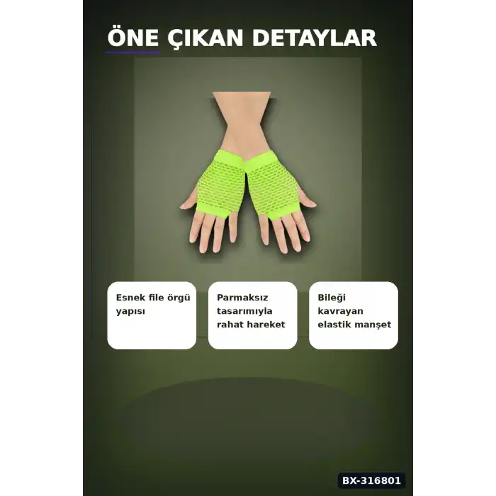 File Parmaksız Kısa Eldiven Neon Yeşil 11 cm - Retro Parti Kostüm Aksesuarı BX-316801