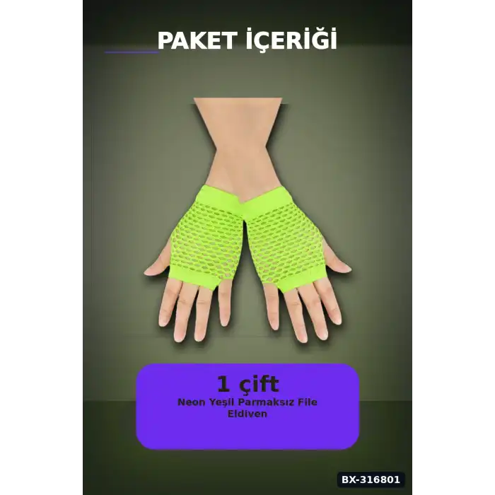 File Parmaksız Kısa Eldiven Neon Yeşil 11 cm - Retro Parti Kostüm Aksesuarı BX-316801