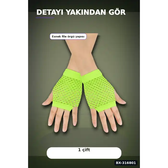 File Parmaksız Kısa Eldiven Neon Yeşil 11 cm - Retro Parti Kostüm Aksesuarı BX-316801