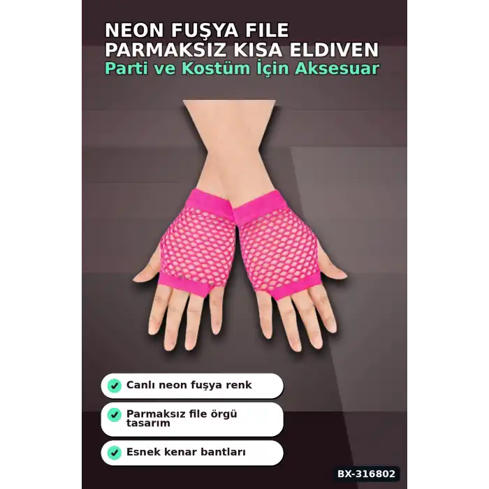 File Parmaksız Kısa Eldiven 11 cm - Neon Fuşya Pembe 80ler 90lar Parti BX-316802
