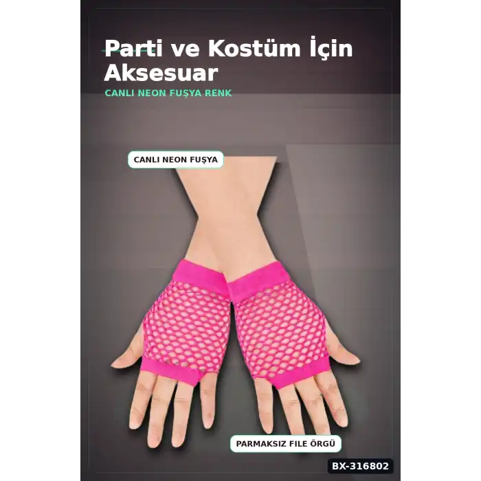 File Parmaksız Kısa Eldiven 11 cm - Neon Fuşya Pembe 80ler 90lar Parti BX-316802