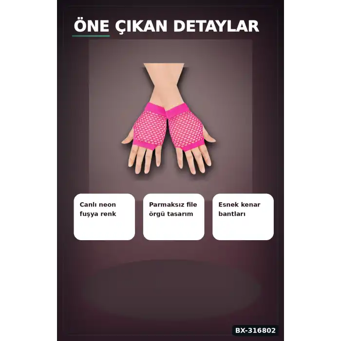 File Parmaksız Kısa Eldiven 11 cm - Neon Fuşya Pembe 80ler 90lar Parti BX-316802