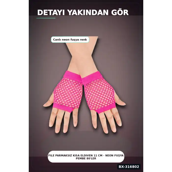 File Parmaksız Kısa Eldiven 11 cm - Neon Fuşya Pembe 80ler 90lar Parti BX-316802