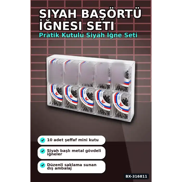 Siyah Başörtü İğnesi 1000 Adet, Şeffaf Plastik Saklama Kutulu Eşarp İğne Seti BX-316811