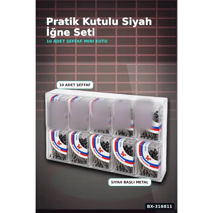 Siyah Başörtü İğnesi 1000 Adet, Şeffaf Plastik Saklama Kutulu Eşarp İğne Seti BX-316811