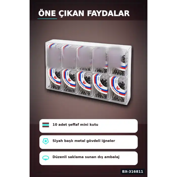Siyah Başörtü İğnesi 1000 Adet, Şeffaf Plastik Saklama Kutulu Eşarp İğne Seti BX-316811