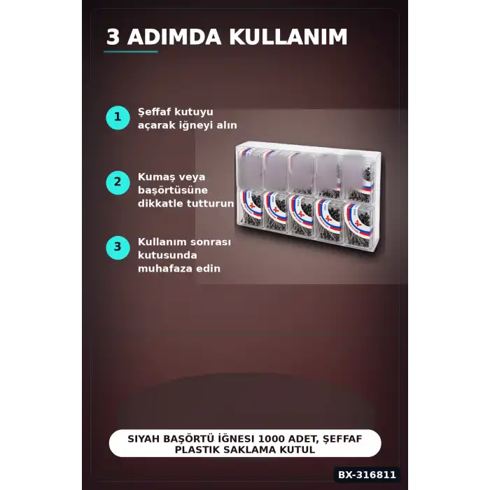 Siyah Başörtü İğnesi 1000 Adet, Şeffaf Plastik Saklama Kutulu Eşarp İğne Seti BX-316811