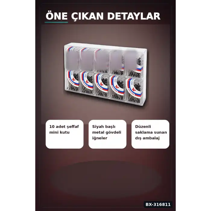 Siyah Başörtü İğnesi 1000 Adet, Şeffaf Plastik Saklama Kutulu Eşarp İğne Seti BX-316811