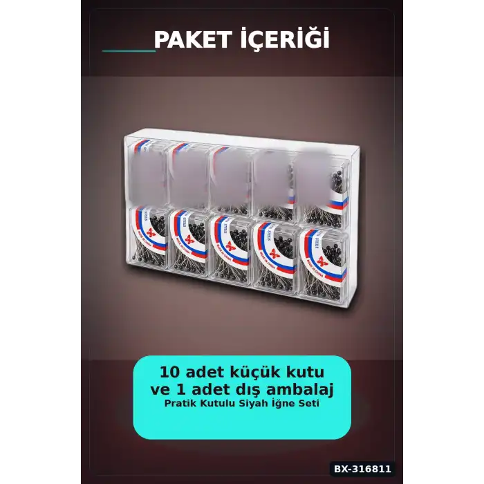 Siyah Başörtü İğnesi 1000 Adet, Şeffaf Plastik Saklama Kutulu Eşarp İğne Seti BX-316811