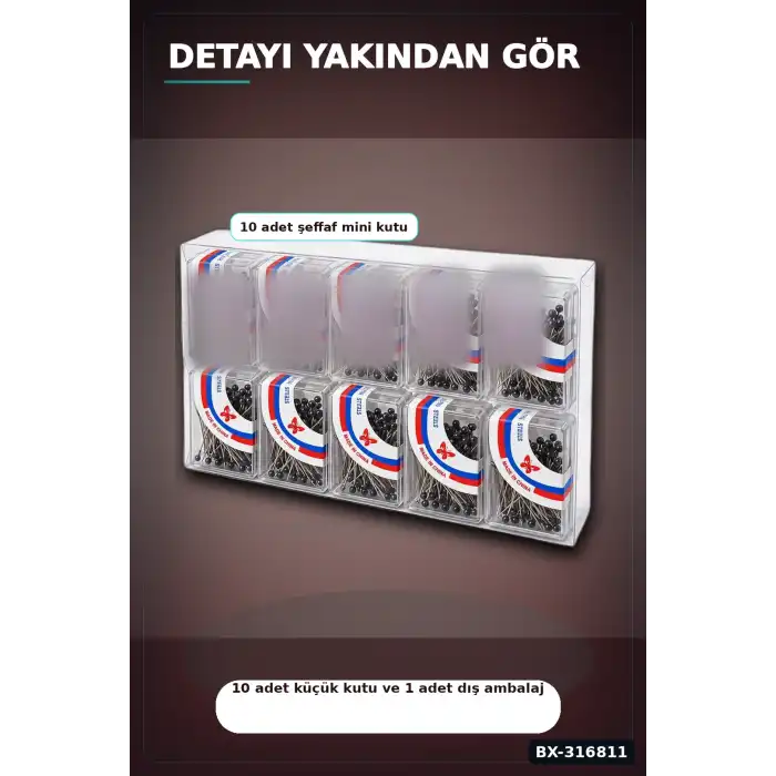 Siyah Başörtü İğnesi 1000 Adet, Şeffaf Plastik Saklama Kutulu Eşarp İğne Seti BX-316811