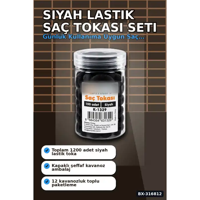 Siyah Lastik Saç Tokası 1200 Adet Paket - Günlük Saç Toplama İçin İnce Lastik BX-316812