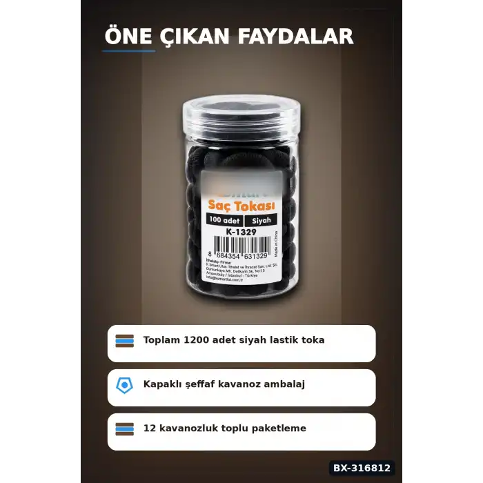 Siyah Lastik Saç Tokası 1200 Adet Paket - Günlük Saç Toplama İçin İnce Lastik BX-316812