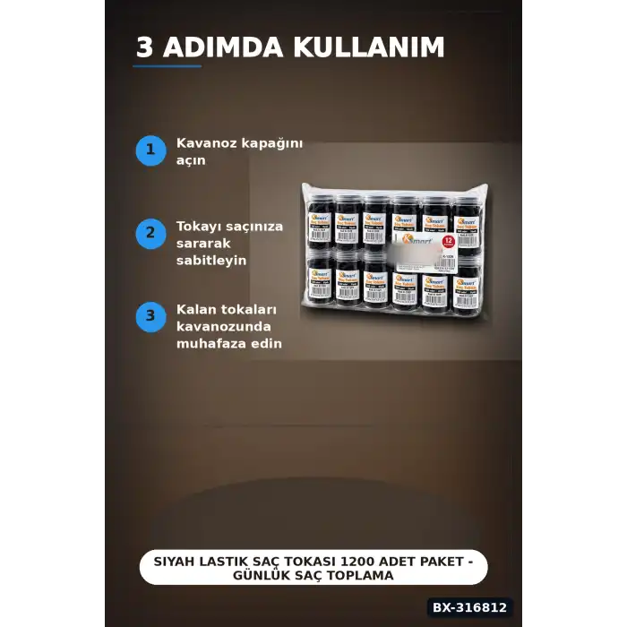 Siyah Lastik Saç Tokası 1200 Adet Paket - Günlük Saç Toplama İçin İnce Lastik BX-316812