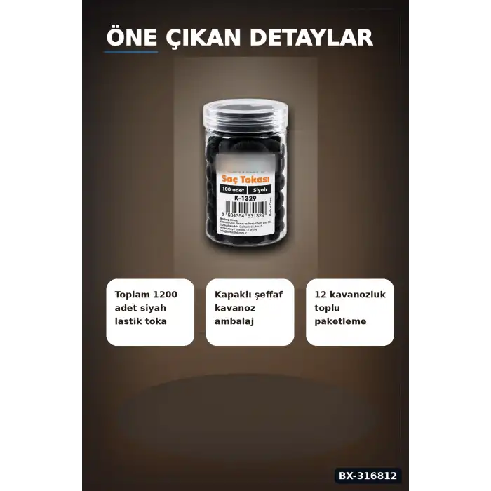 Siyah Lastik Saç Tokası 1200 Adet Paket - Günlük Saç Toplama İçin İnce Lastik BX-316812