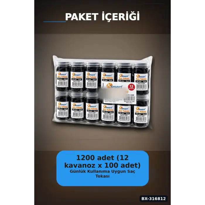 Siyah Lastik Saç Tokası 1200 Adet Paket - Günlük Saç Toplama İçin İnce Lastik BX-316812