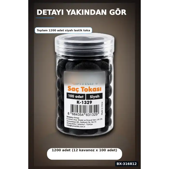 Siyah Lastik Saç Tokası 1200 Adet Paket - Günlük Saç Toplama İçin İnce Lastik BX-316812