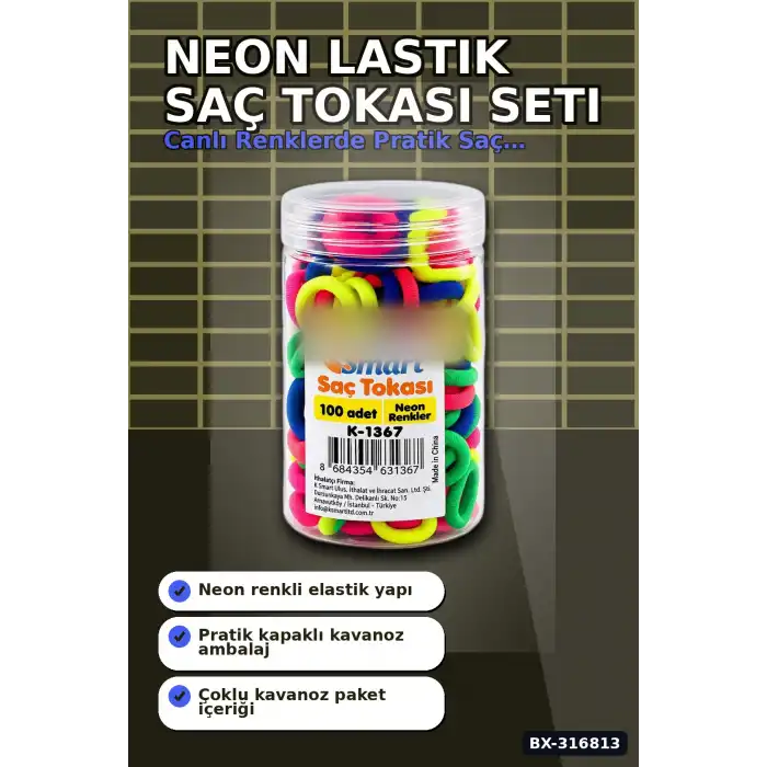 Neon Lastik Saç Tokası 1200 Adet Paket - Renkli Saç Örgü ve Şekillendirme BX-316813