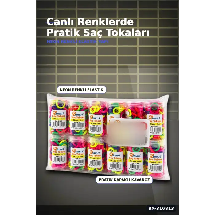 Neon Lastik Saç Tokası 1200 Adet Paket - Renkli Saç Örgü ve Şekillendirme BX-316813