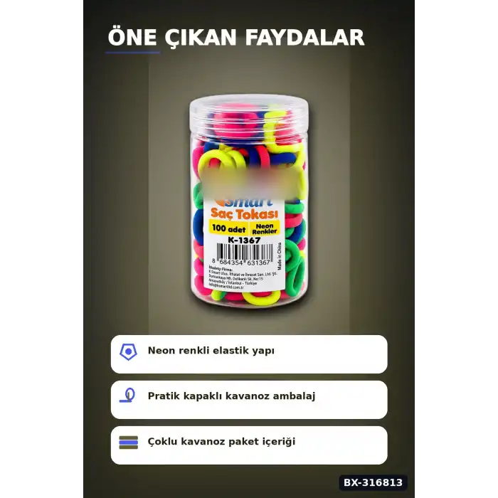 Neon Lastik Saç Tokası 1200 Adet Paket - Renkli Saç Örgü ve Şekillendirme BX-316813