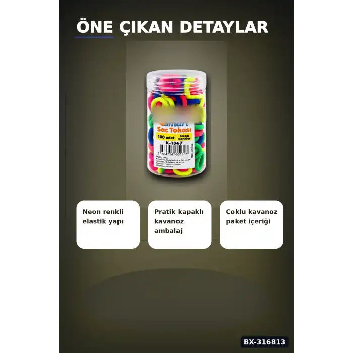 Neon Lastik Saç Tokası 1200 Adet Paket - Renkli Saç Örgü ve Şekillendirme BX-316813