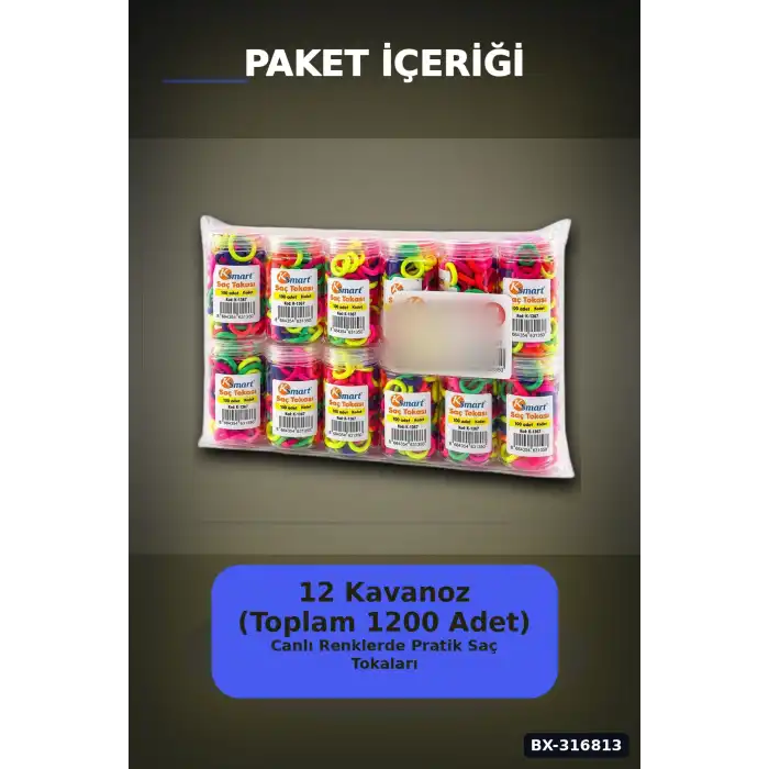 Neon Lastik Saç Tokası 1200 Adet Paket - Renkli Saç Örgü ve Şekillendirme BX-316813