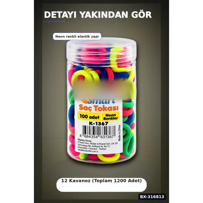 Neon Lastik Saç Tokası 1200 Adet Paket - Renkli Saç Örgü ve Şekillendirme BX-316813