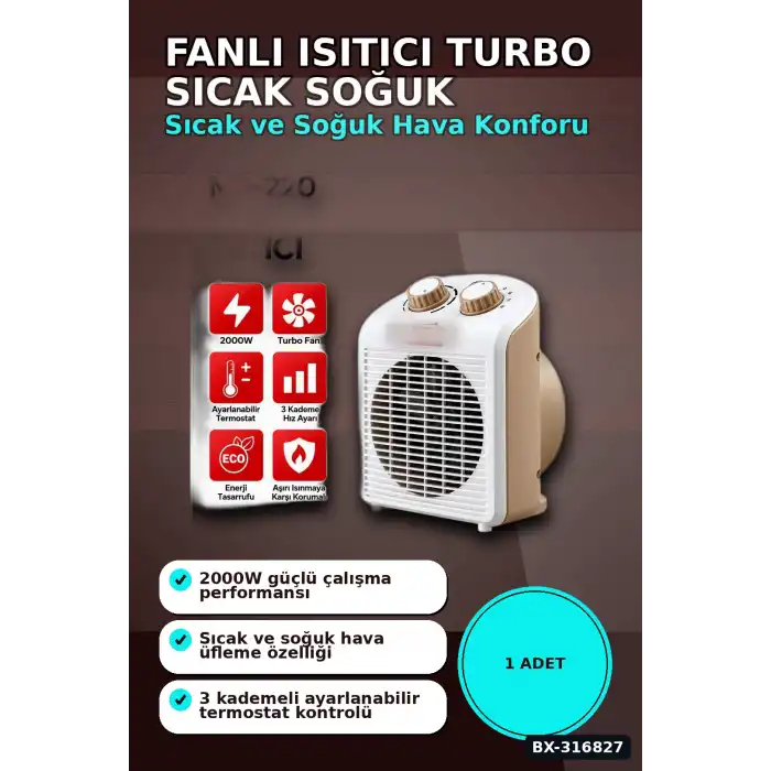 Fanlı Isıtıcı 2000W Turbo Sıcak Soğuk 3 Kademeli Hız Ayarlı Ortam Isıtıcısı BX-316827
