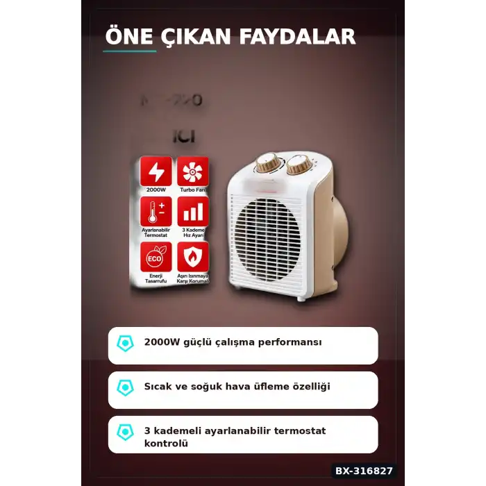 Fanlı Isıtıcı 2000W Turbo Sıcak Soğuk 3 Kademeli Hız Ayarlı Ortam Isıtıcısı BX-316827
