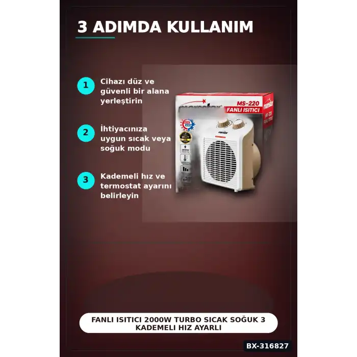 Fanlı Isıtıcı 2000W Turbo Sıcak Soğuk 3 Kademeli Hız Ayarlı Ortam Isıtıcısı BX-316827